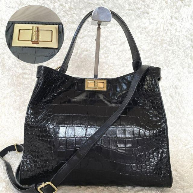 パッセレーラ ハンドバッグ 2way クロコ 型押し 黒 ブラック 金金具