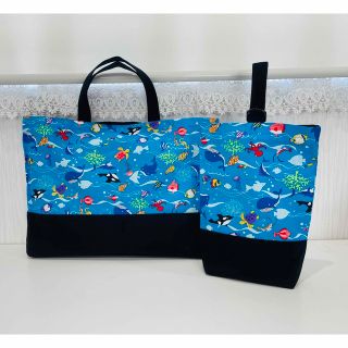 マチ付きレッスンバッグ・シューズ入れ　カラフルお魚　水族館(薄い青)　2点セット(レッスンバッグ)