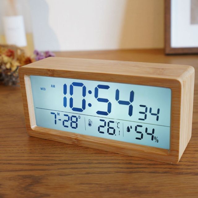 【色: 竹(天然竹)】置き時計 温度 湿度計 全周天然木製 目覚まし アラーム