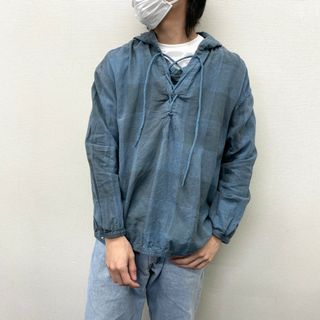 ウールリッチ(WOOLRICH)の【中古】 ウールリッチ Woolrich ヘンプ×コットン パーカー チェック柄 プルオーバー 編み上げ 長袖 サイズ：XL ブルーグレー系 古着 中古 mellow(パーカー)