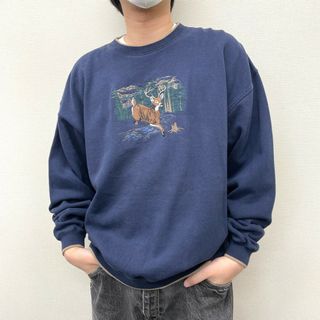 【中古】 C&B sport スウェットシャツ プルオーバー トレーナー 鹿 刺繍 長袖 サイズ：XL ネイビー×ベージュ 古着 中古 mellow(スウェット)