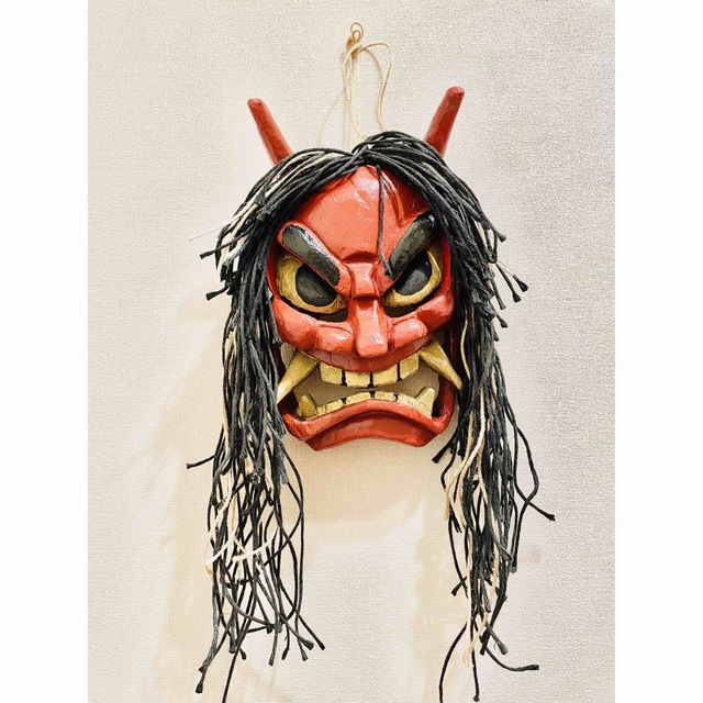 なまはげ 手彫り お面 壁掛け 赤鬼 節分 魔除け 秋田 仮面 自作 DIYの