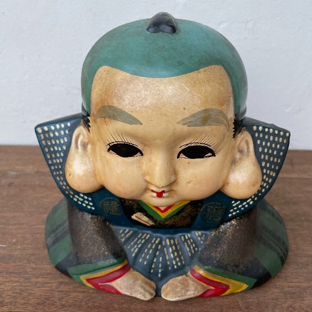 幸運を招く 福助 人形 陶器 昭和 手描き 貯金箱 骨董