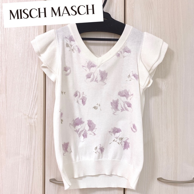MISCH MASCH(ミッシュマッシュ)の【オススメ】MISCH MASCH 花柄 半袖 ニット ホワイト トップス レディースのトップス(カットソー(半袖/袖なし))の商品写真
