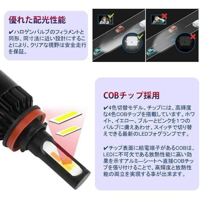 LED H11 4色切り替え フォグランプ フォグライト イベントに 車検に 自動車/バイクの自動車(汎用パーツ)の商品写真