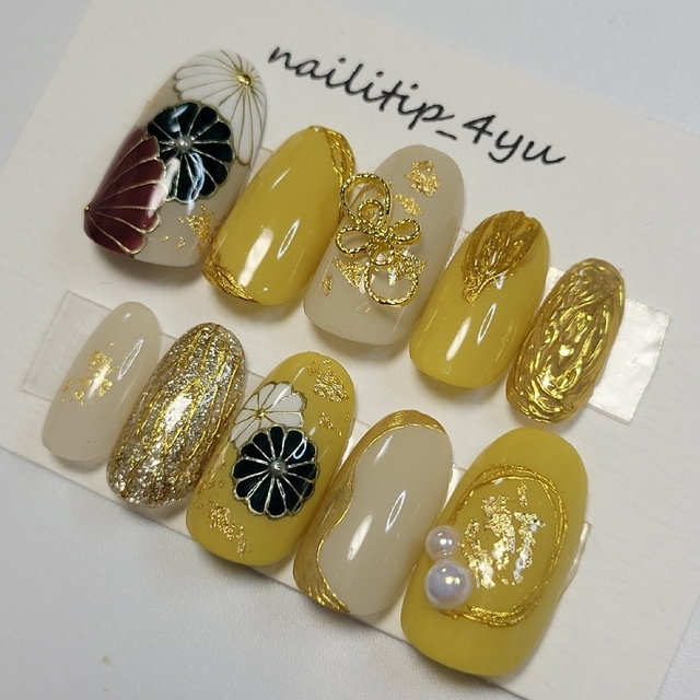 黄① 和柄 着物 振袖 成人式 ネイルチップの通販 by nailtip_4yu 黄① 和柄 着物 振袖 成人式 ネイルチップの通販 by nailtip_4yu