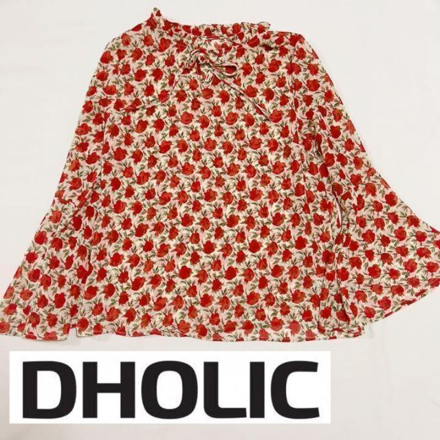 dholic(ディーホリック)の美品 DHOLIC　ディーホリック　花柄 ブラウス シャツ 襟リボン 透け感 レディースのトップス(シャツ/ブラウス(長袖/七分))の商品写真