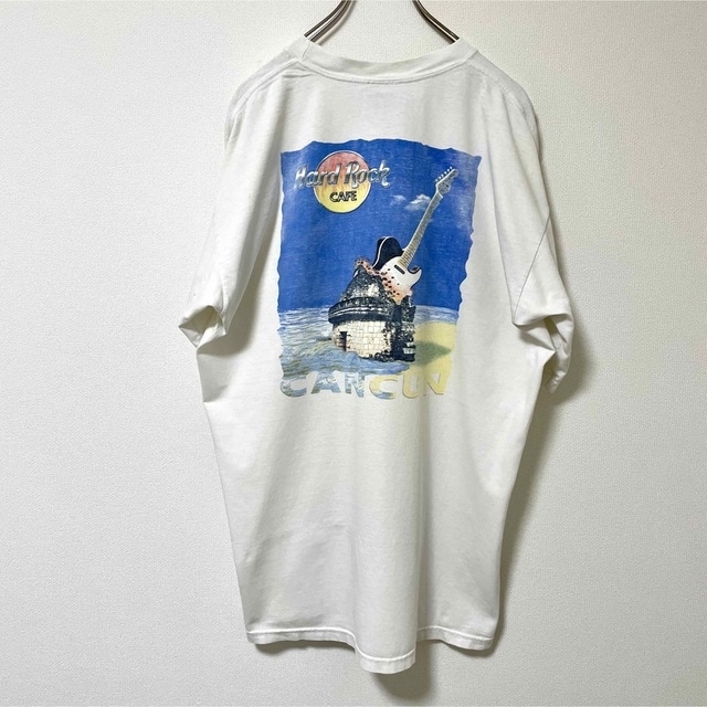 ビンテージ古着らしい風合いが抜群！ハードロックカフェ背面プリント胸元ロゴTシャツ(XL)