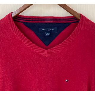 トミーヒルフィガー(TOMMY HILFIGER)の【美品】トミーヒルフィガー メンズ 綿ニット M ターキーレッド  ロゴ刺繍(ニット/セーター)