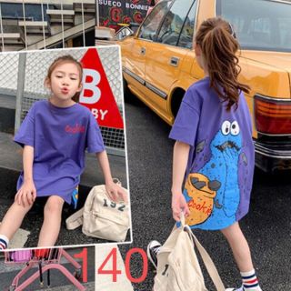 KWEA051キッズ Tシャツワンピース ロング 夏 半袖 プリント 子供服(ワンピース)