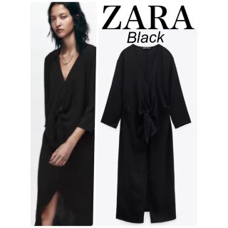 ザラ(ZARA)の匿名配送　新品　ZARA フロント　リボン　ロングワンピース　スカーフ　ブラック(ロングワンピース/マキシワンピース)