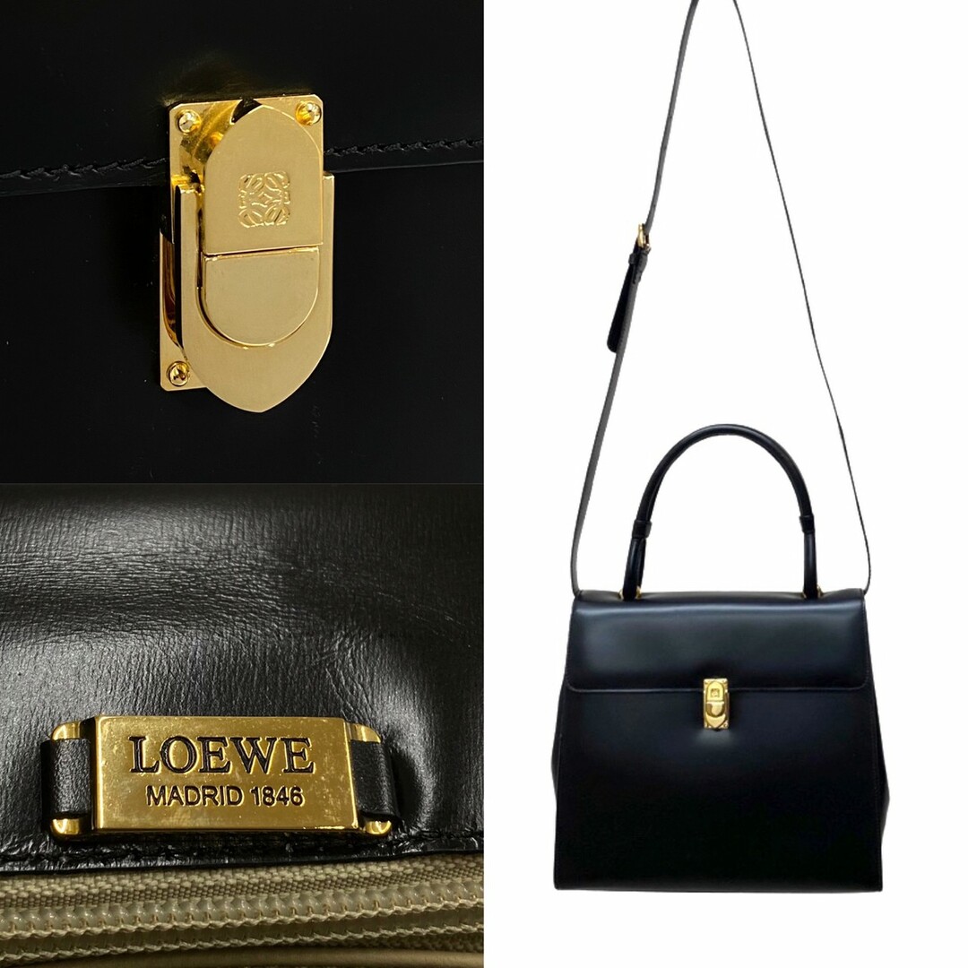 ブランドモデルLOEWEロエベ極 美品 保存袋付き LOEWE ロエベ アナグラム ロゴ 金具 カーフレザー 本革 2way ハンドバッグ ショルダーバッグ ブラック 72620