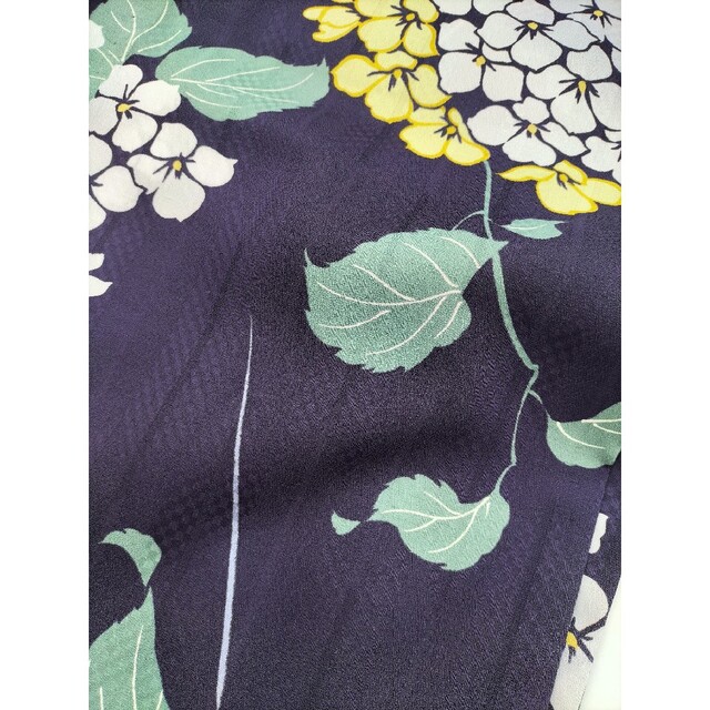 新品 プレタ浴衣 嵐山よしむら 茄子紺 紫陽花柄 化繊 洗える 日本製の
