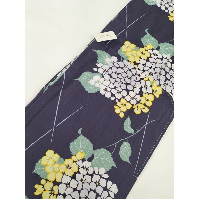 新品 プレタ浴衣 嵐山よしむら 茄子紺 紫陽花柄 化繊 洗える 日本製の
