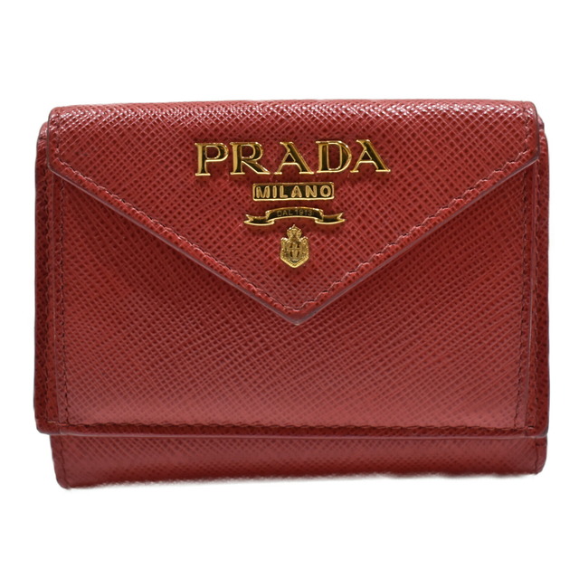 【箱・ギャラあり】PRADA　三つ折り財布　1MH021　サフィアーノ　レザー　レッド　折り財布　ウォレット　コンパクト　レディース　シンプル　ギフト　プレゼント包装可　　松山久万ノ台店