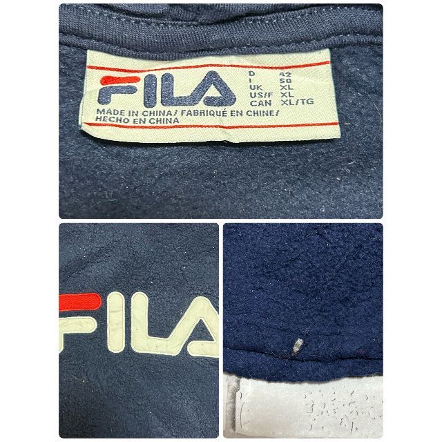 FILA(フィラ)のゆるだぼ FILA フリース パーカー ロゴワッペン付き ネイビー メンズXL メンズのトップス(パーカー)の商品写真