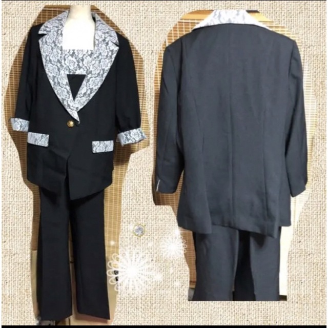 大きいサイズのパンツスーツ23号サイズ黒キャミ付きスーツ23号入園式入学式スーツ