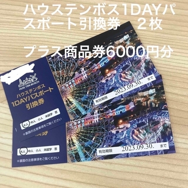 ハウステンボス1DAYパスポート引換券２枚と商品券6000円分