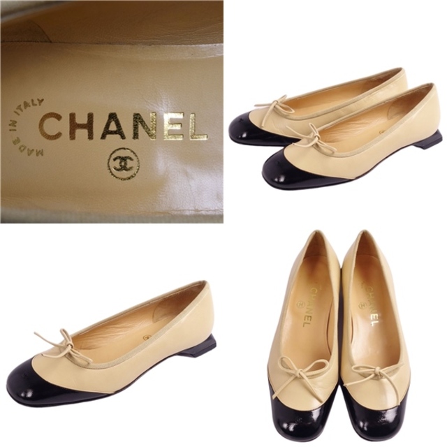 シャネル CHANEL パンプス ココマーク キャップトゥ バイカラー リボン