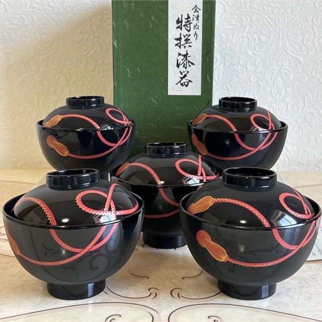 会津塗 特選漆器 結び紐 蓋付吸物椀揃 5客セット 漆椀 汁椀 雑煮椀 漆 ...