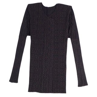 プレーンクロージング(PLAIN CLOTHING)の美品 プリーツプリーズ イッセイミヤケ PLEATS PLEASE カーディガン ボタンレス プリーツ 総柄 トップス レディース 3(L相当) ブラック/オレンジ(カーディガン)