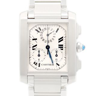 電池交換済 Cartier カルティエ タンクフランセーズ LM クロノリフレックス W51001Q3 クロノグラフ パーペチュアルカレンダー 白 ホワイト アイボリー SS ステンレス メンズ クォーツ【6ヶ月保証】【腕時計】