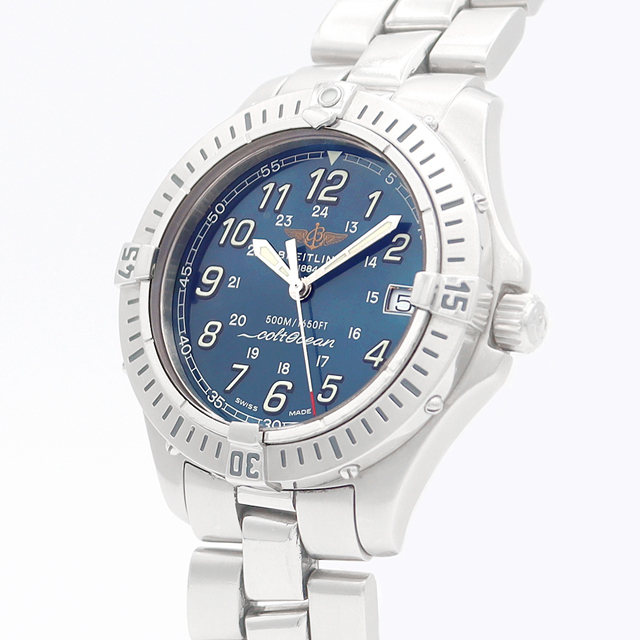 電池交換済 BREITLING ブライトリング コルトオーシャン A64350 デイト 500m防水 ネイビー ブルー SS ステンレス メンズ クォーツ【6ヶ月保証】【腕時計】