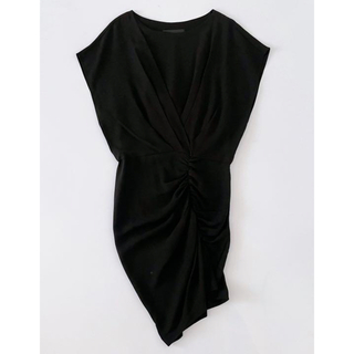 トゥモローランド(TOMORROWLAND)のTHAKOON タクーン 変形ドレープブラックワンピース ドレス 0 黒(ひざ丈ワンピース)