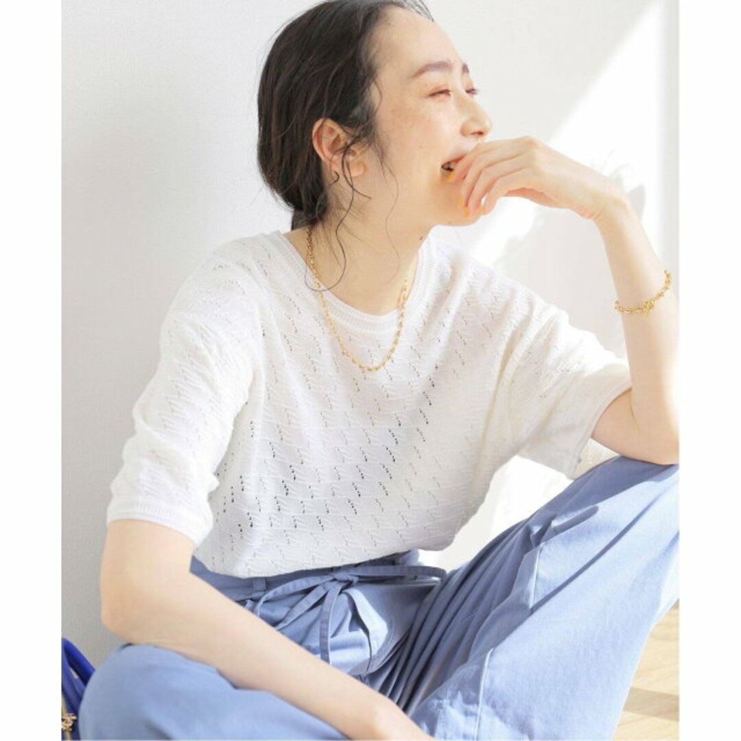 【ホワイト】透かし編み ニットTシャツ
