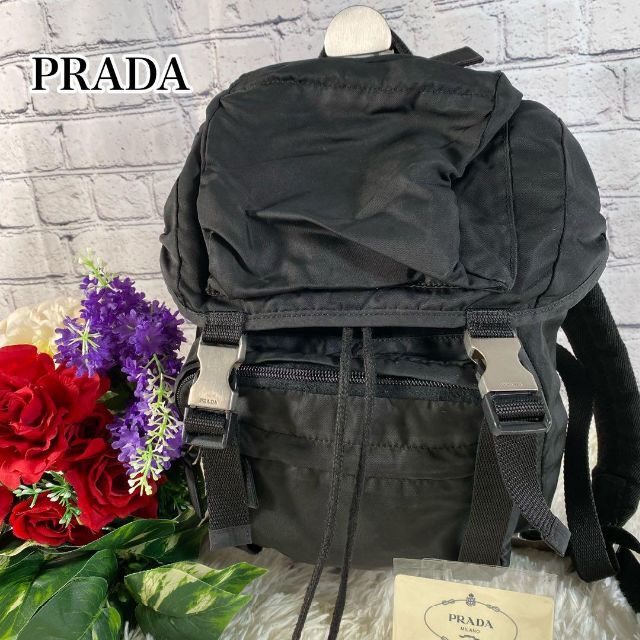 黒 桜古典 プラダ PRADA V153 リュックサック 白タグ 三角プレート 黒