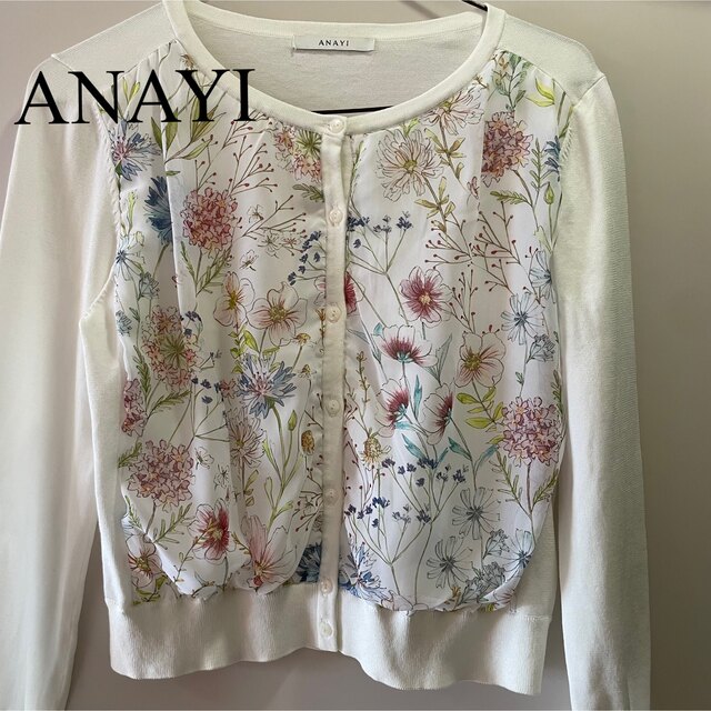 美品】ANAYI フラワープリント クルーネック カーディガン 38