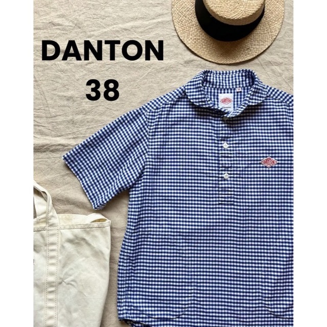 DANTON ギンガムチェック半袖シャツ 38 ブルー プルオーバー ブラウス