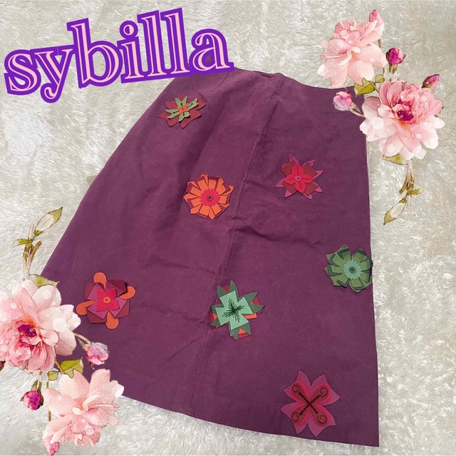 【sybilla】激レア♡希少！ボルドーカラー　花モチーフ　合皮スカート