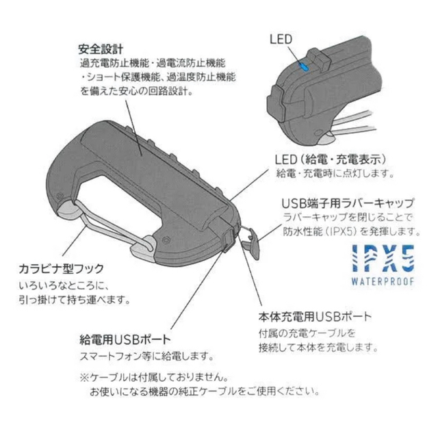 ELECOM(エレコム)の【キャンプにおすすめ】軽っ！カラビナバッテリー3000mAh ※充電器ケーブル付 スポーツ/アウトドアのアウトドア(ライト/ランタン)の商品写真