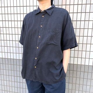 【中古】 ROUNDTREE & YORKE Collection シルク×コットン シャツ 半袖 ショートスリーブ ヘリンボーン 無地 サイズ：XL ブラック 古着 中古 mellow ゆうパケット対応(シャツ)