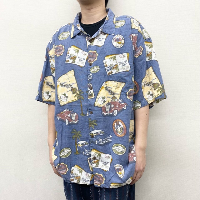 ビッグドッグス BIG DOGS リネン×レーヨン 総柄 シャツ 半袖 ハワイ 車柄 サイズ：XXL ブルーグレー系   mellow ゆうパケット対応メンズ