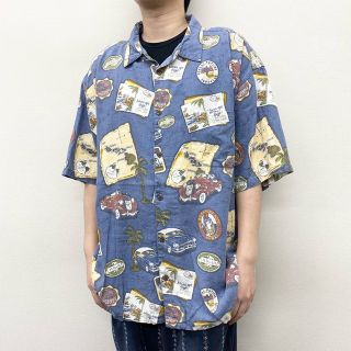 【中古】ビッグドッグス BIG DOGS リネン×レーヨン 総柄 シャツ 半袖 ハワイ 車柄 サイズ：XXL ブルーグレー系 古着 中古 mellow ゆうパケット対応(シャツ)