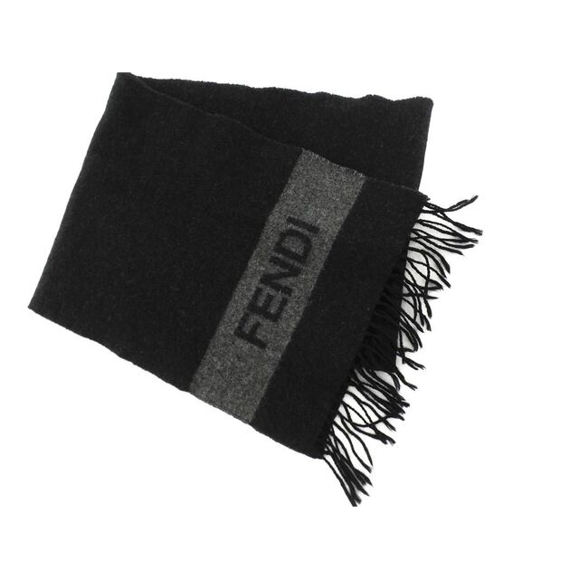 FENDI フェンディ ウール100% ロゴ マフラー 黒 ◇□◎メンズ