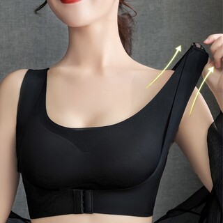 ♪ナイトブラ フロントホック ブラック◎XL■美胸ヨガブラ 韓国ファッション(ベアトップ/チューブトップ)