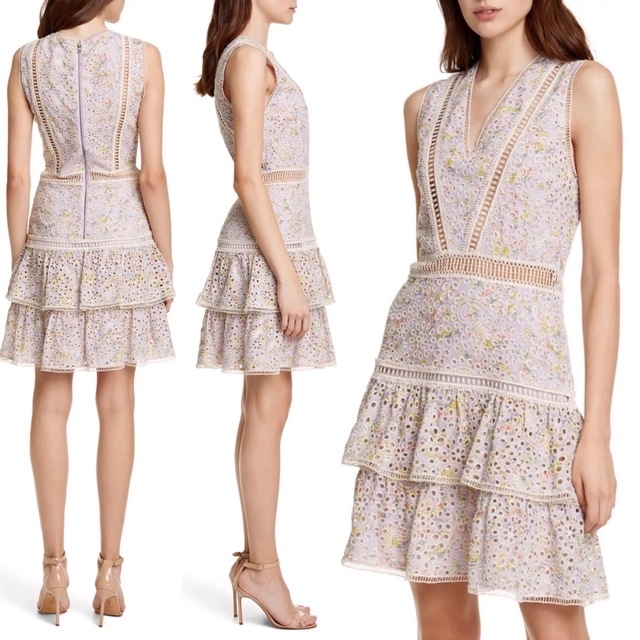 新品 alice+olivia フローラルプリント×アイレットレース ワンピース-