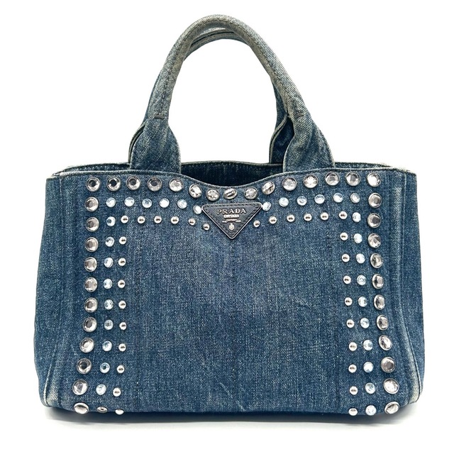 PRADA プラダ カナパ S トートバッグ ビジュー デニム スタッズ ハンド