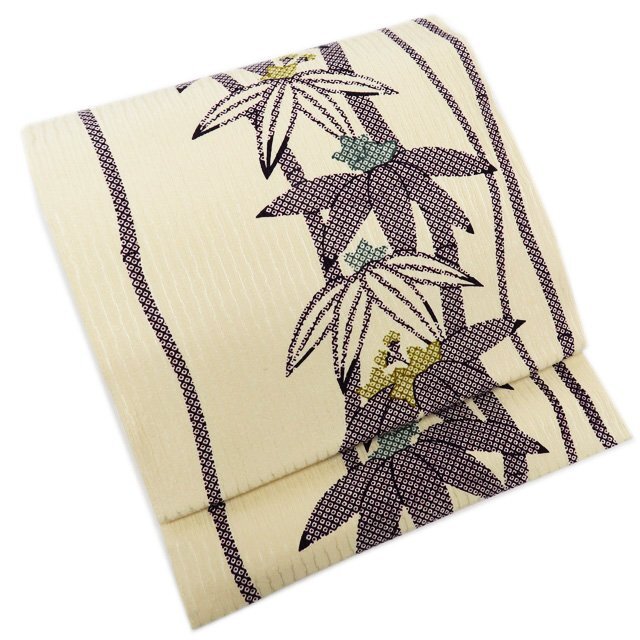 作り帯 つけ帯 付け帯  竹笹の図 アイボリー 濃紫色 A838-12水着/浴衣