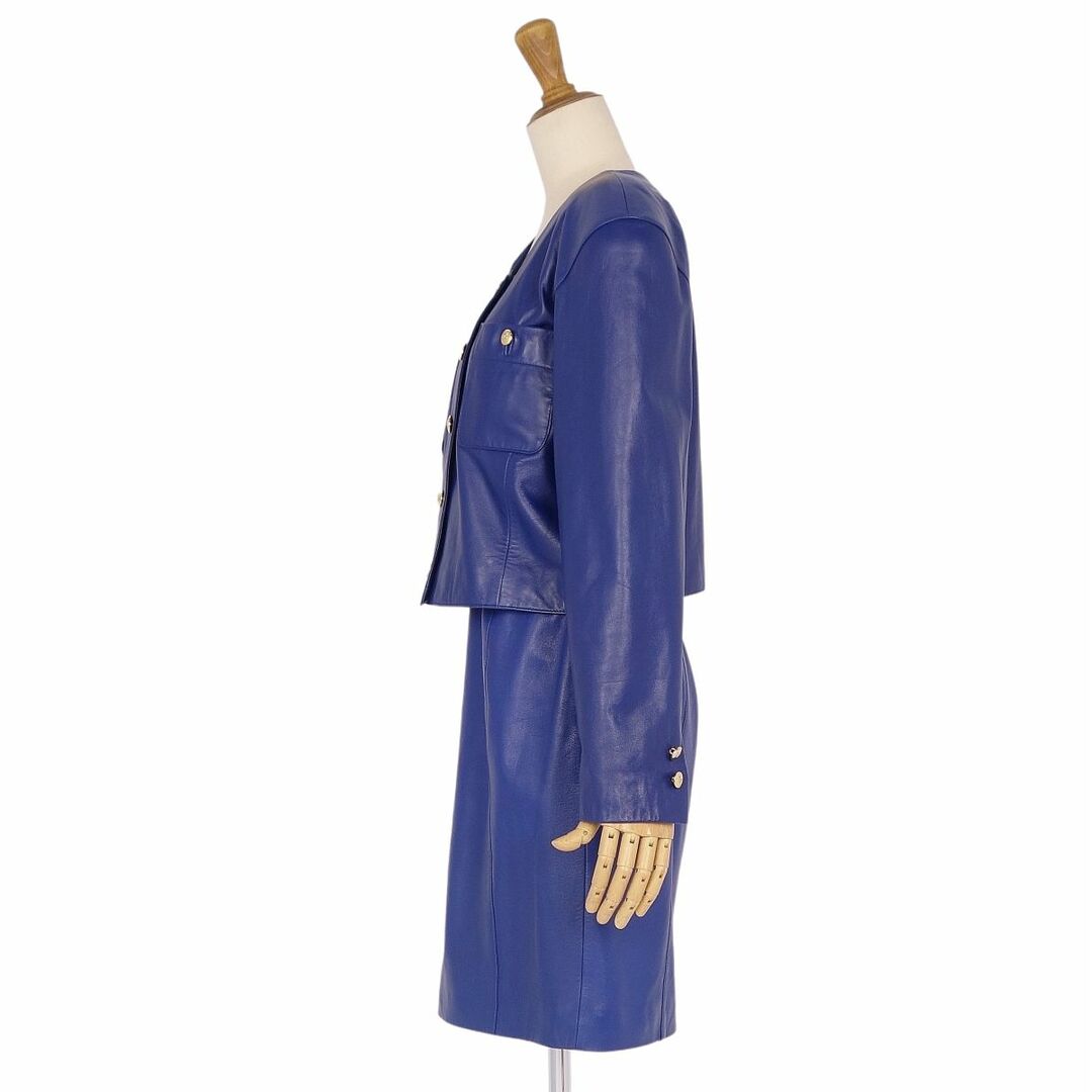 美品 クレージュ courreges セットアップ スカートスーツ ジャケット スカート ラムレザー レディース 38(S相当) ブルー レディースのフォーマル/ドレス(スーツ)の商品写真