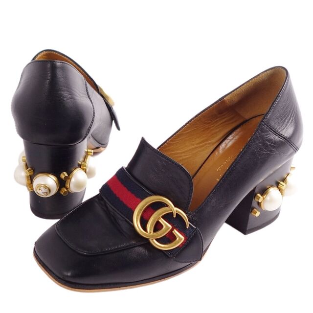 美品 グッチ GUCCI ローファー パンプス ヒール GGロゴ シェリーライン フェイクパール カーフレザー シューズ レディース 34(21cm相当) ブラック | フリマアプリ ラクマ