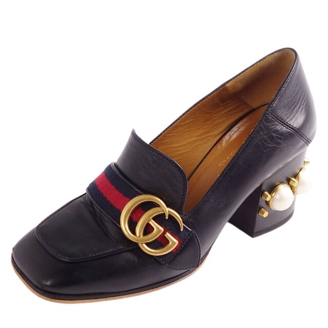 美品 グッチ GUCCI ローファー パンプス ヒール GGロゴ シェリーライン フェイクパール カーフレザー シューズ レディース 34(21cm相当) ブラック
