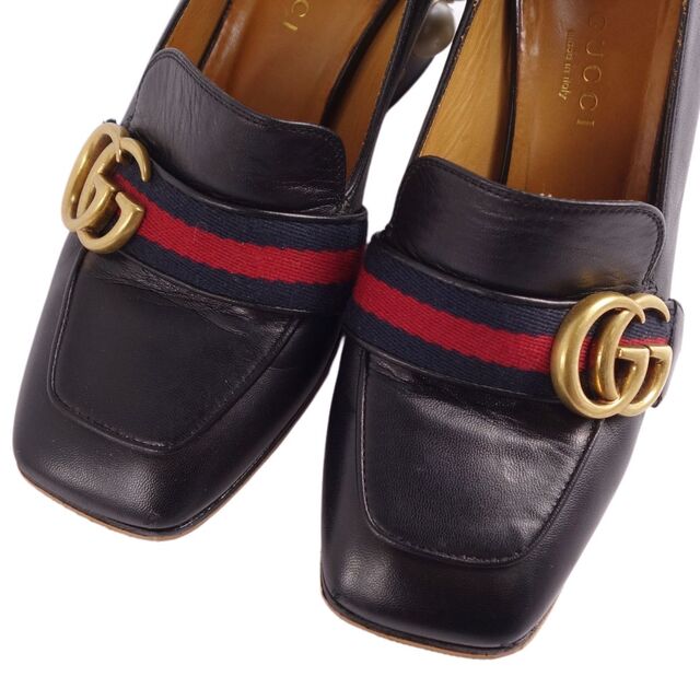 美品 グッチ GUCCI ローファー パンプス ヒール GGロゴ シェリーライン フェイクパール カーフレザー シューズ レディース 34(21cm相当) ブラック