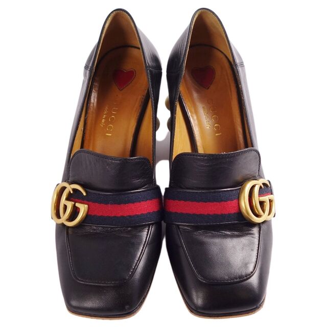美品 グッチ GUCCI ローファー パンプス ヒール GGロゴ シェリーライン フェイクパール カーフレザー シューズ レディース 34(21cm相当) ブラック