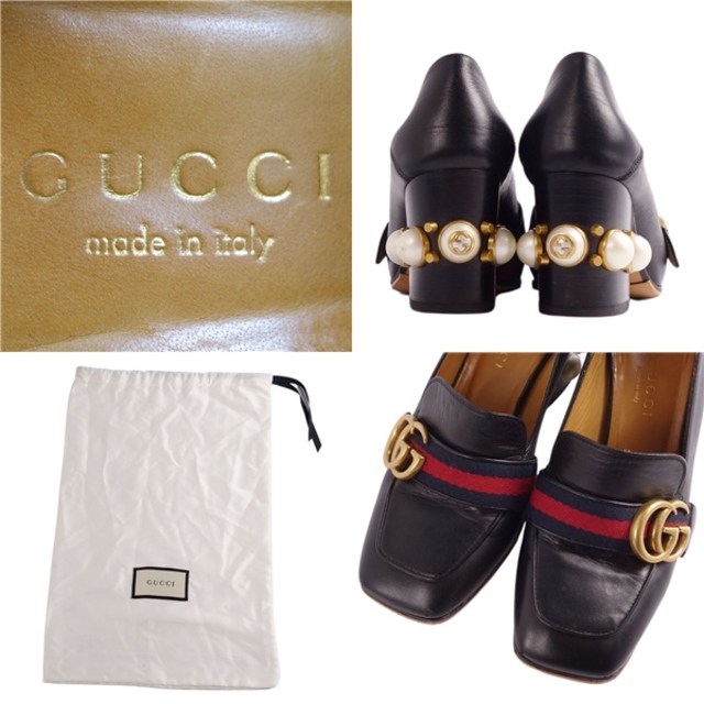 美品 グッチ GUCCI ローファー パンプス ヒール GGロゴ シェリーライン フェイクパール カーフレザー シューズ レディース  34(21cm相当) ブラック