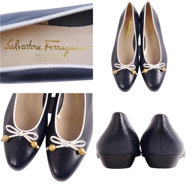 未使用 サルヴァトーレ フェラガモ Salvatore Ferragamo パンプス リボン カーフレザー ヒール シューズ 靴 レディース 6C(23.5cm相当) ネイビー