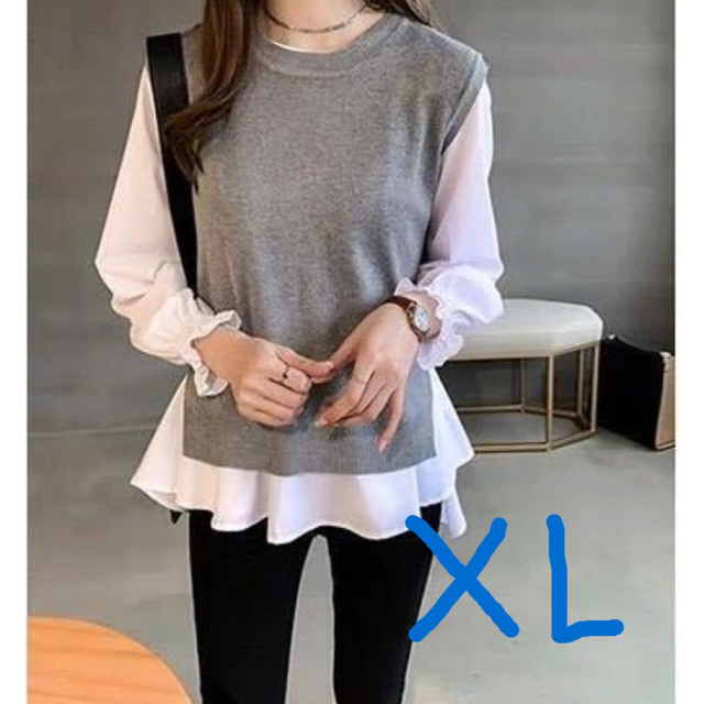 春の装い XL フレア白シャツとグレーベストのアンサンブル♫ 別々でコーデ広がる レディースのトップス(シャツ/ブラウス(長袖/七分))の商品写真